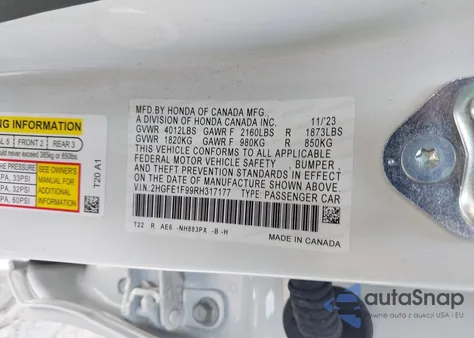 2024 Honda Civic Touring z USA, uszkodzony, nr VIN 2HGFE1F99RH317177